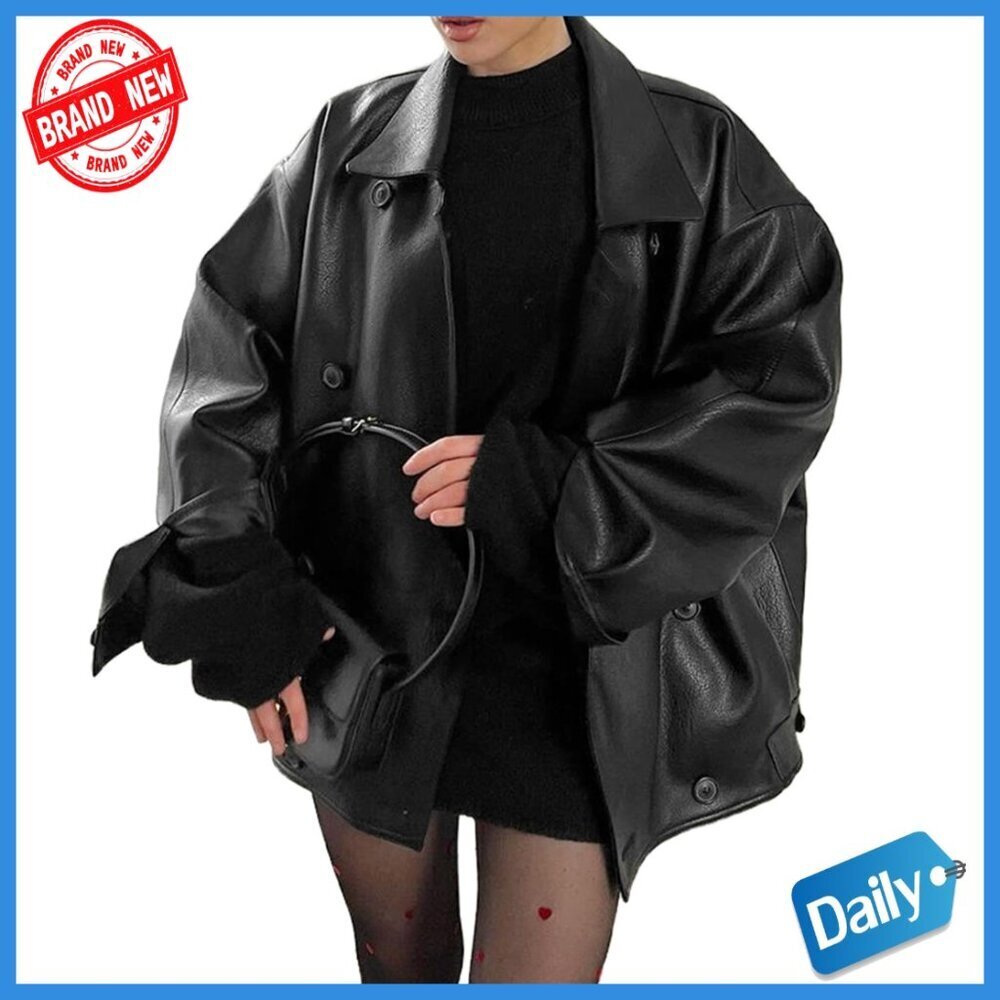 Faux Leather Bomber Jacket Oversized Button Down Motorcycle Style